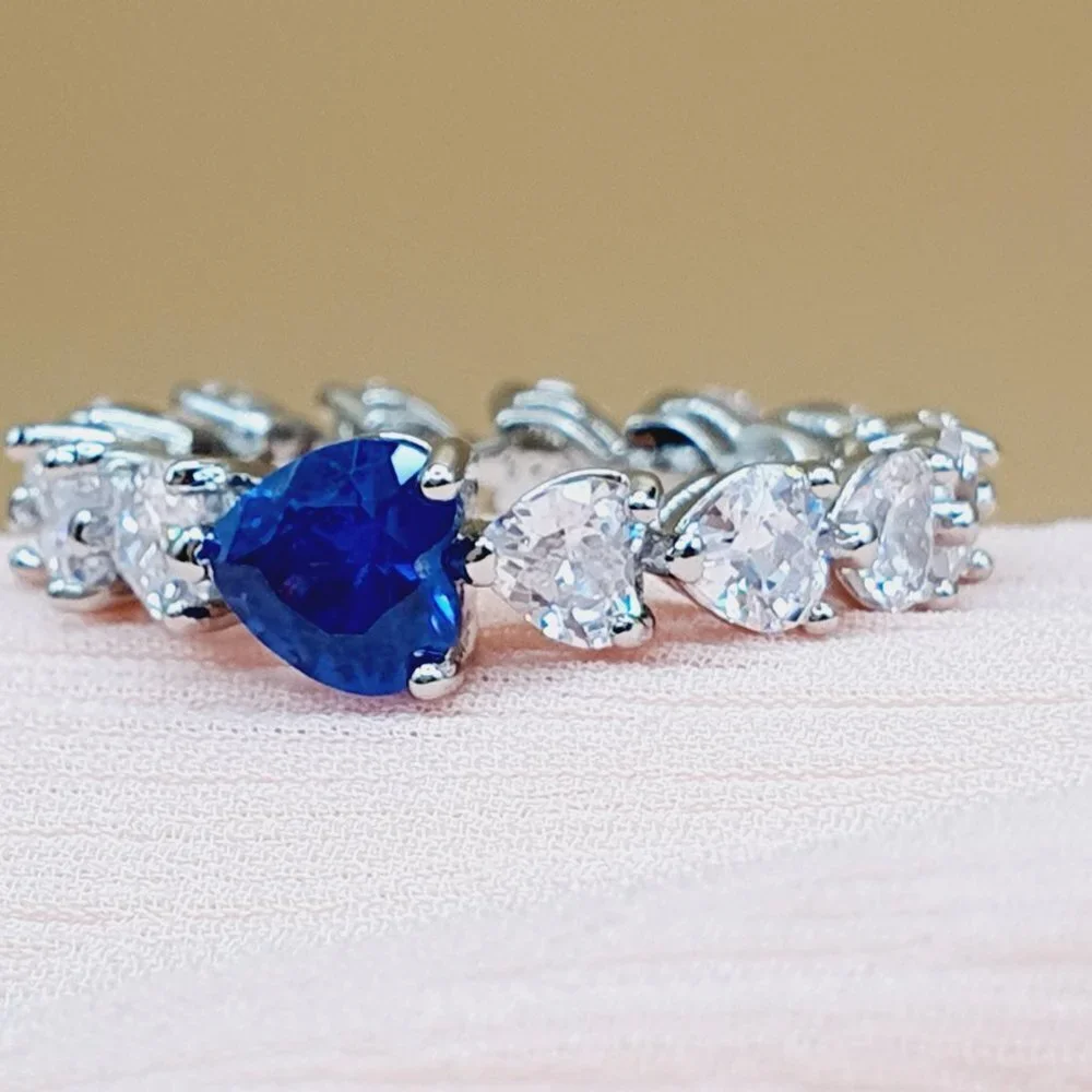 💎 Sweet Crystal  CZ Lovely Blue Diamonds Heart Rings for Women, INDN8415 - Picture 2 of 10